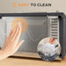Dishwasher with a hand touching it and an inset showing clean dishes, emphasizing ease of cleaning.