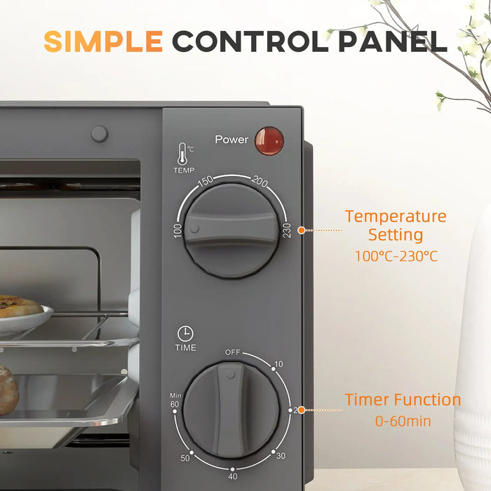 Toaster oven with control panel showing temperature and timer settings, labeled 'Simple Control Panel'.