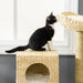 Black and white cat sitting on woven cat house, sniffing wicker cat perch in bright room