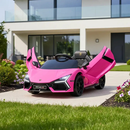 Pink kids electric toy car with scissor doors parked outside modern house