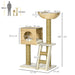 Multi-level beige cat tree with sisal-wrapped posts, cubed hideout, elevated hammock bed, and ladder, dimensions shown