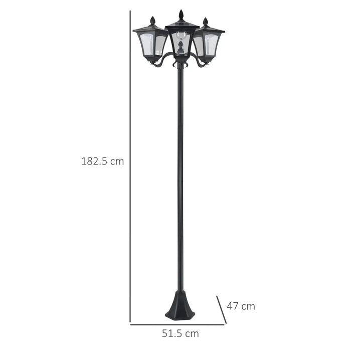 Black outdoor garden lamp post with three lantern-style lights, measuring 182.5 cm tall
