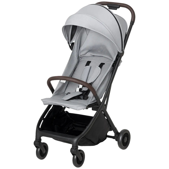 Gray stroller with brown accents on a white background
