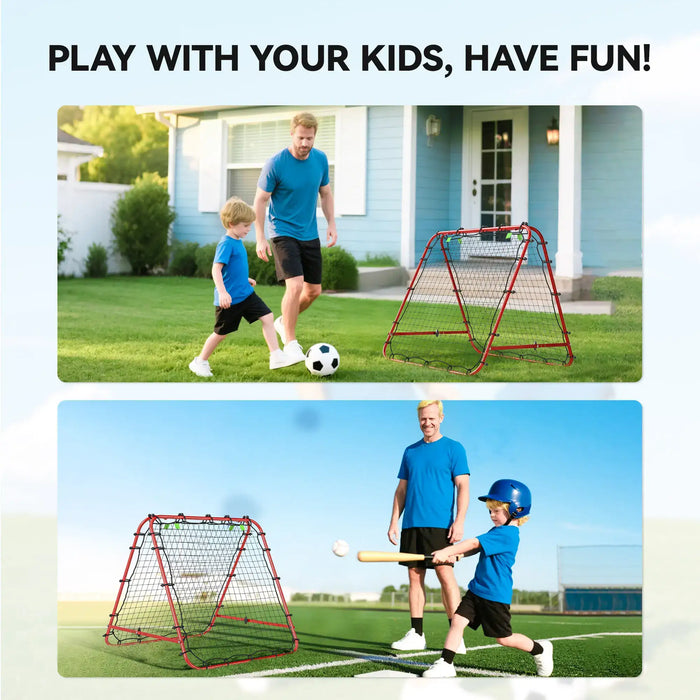 Father and son playing soccer and baseball outdoors with red sports rebounder net on grass