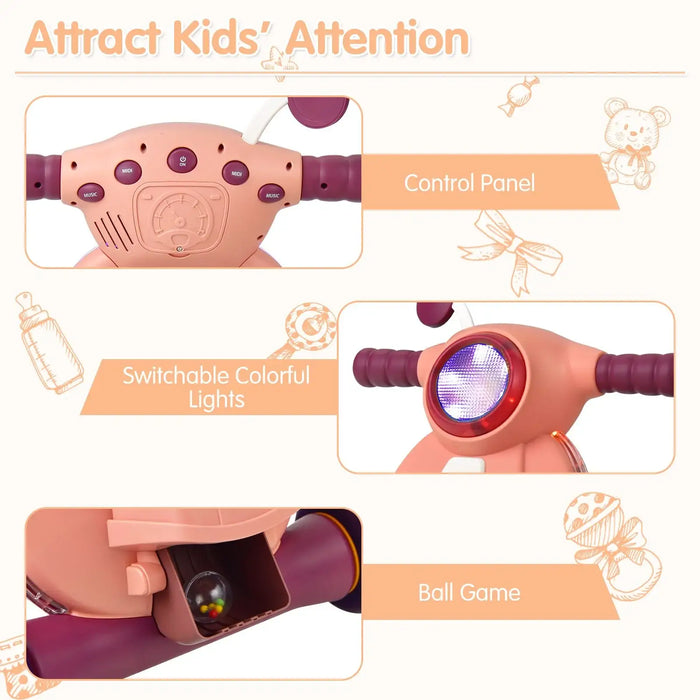 Toy with control panel, switchable colorful lights, and ball game feature on a white background.