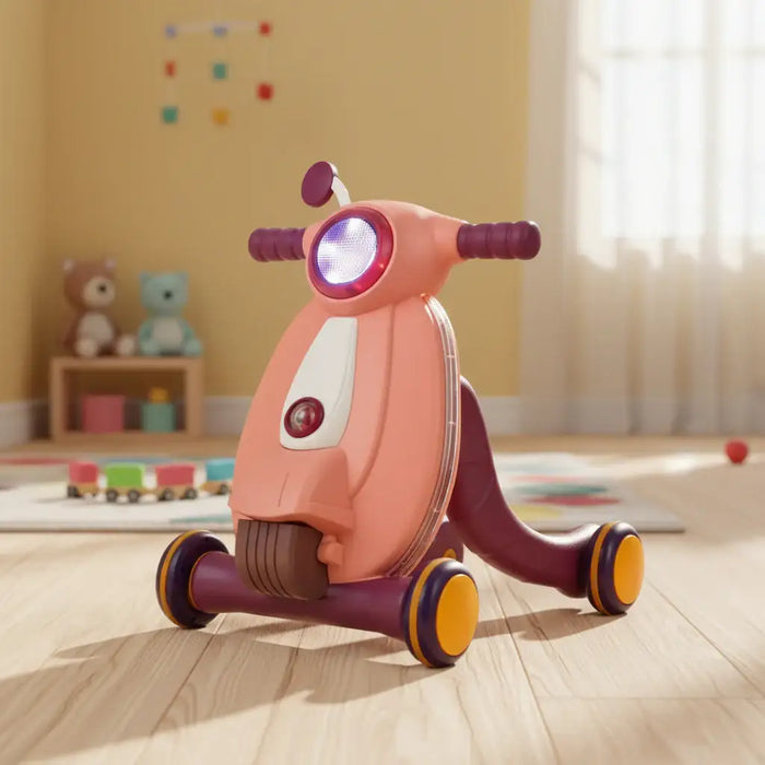 Children's toy scooter with lights on a wooden floor in a room with toys and a teddy bear.
