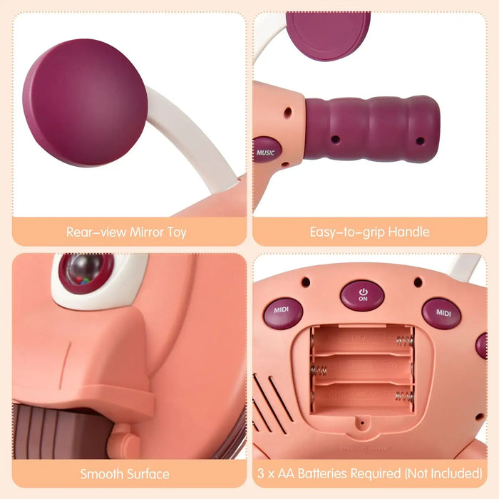 Collage of a toy with features like rear-view mirror, easy-to-grasp handle, smooth surface, and music button on a peach background.