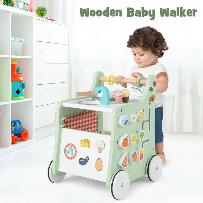 Child playing with a wooden baby walker in a room with shelves.