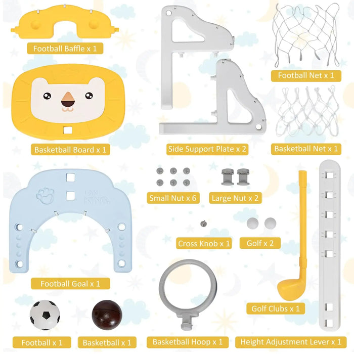 Set of children's sports equipment components including football baffle, basketball board, and goal on a light blue background.