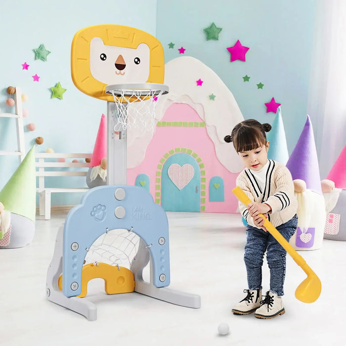 Child playing with a toy golf set in a colorful playroom