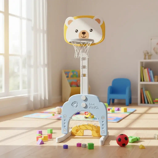 Children's basketball hoop with bear design in a room with toys and books