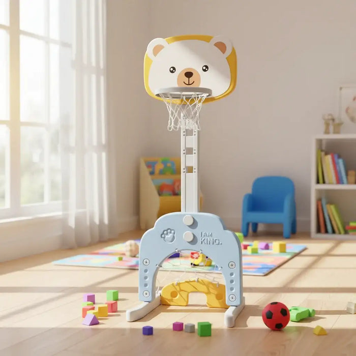 Children's basketball hoop with bear design in a room with toys and books
