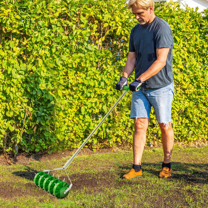 Rolling Lawn Aerator with 3 Piece Detachable Handle and T-bar Grip