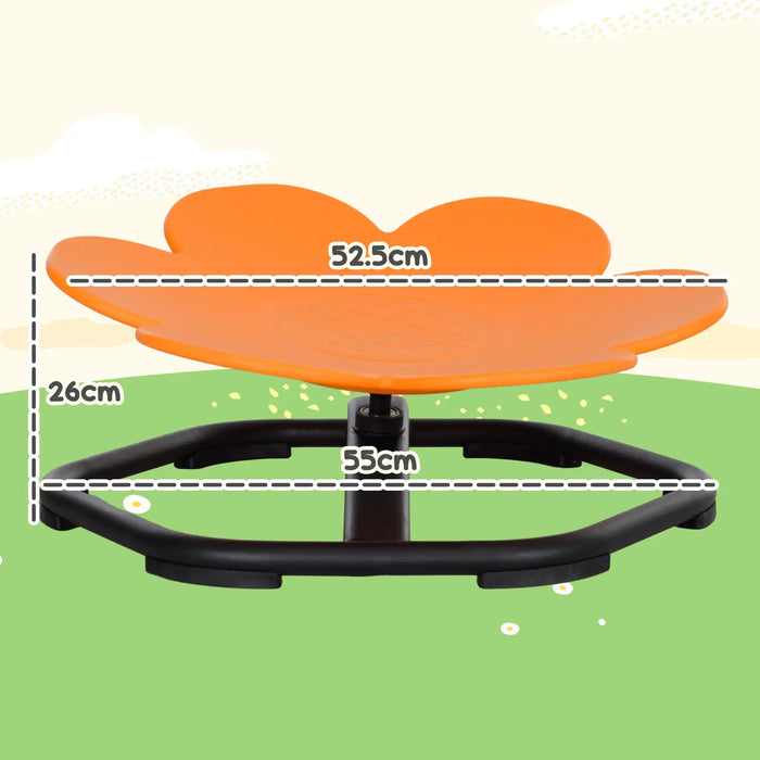 Orange flower-shaped object with black stand on a green background, showing measurements.