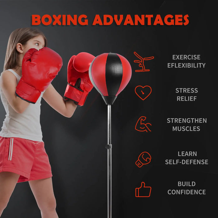 Young girl in red boxing gloves punching a red and black speed bag with boxing advantages listed