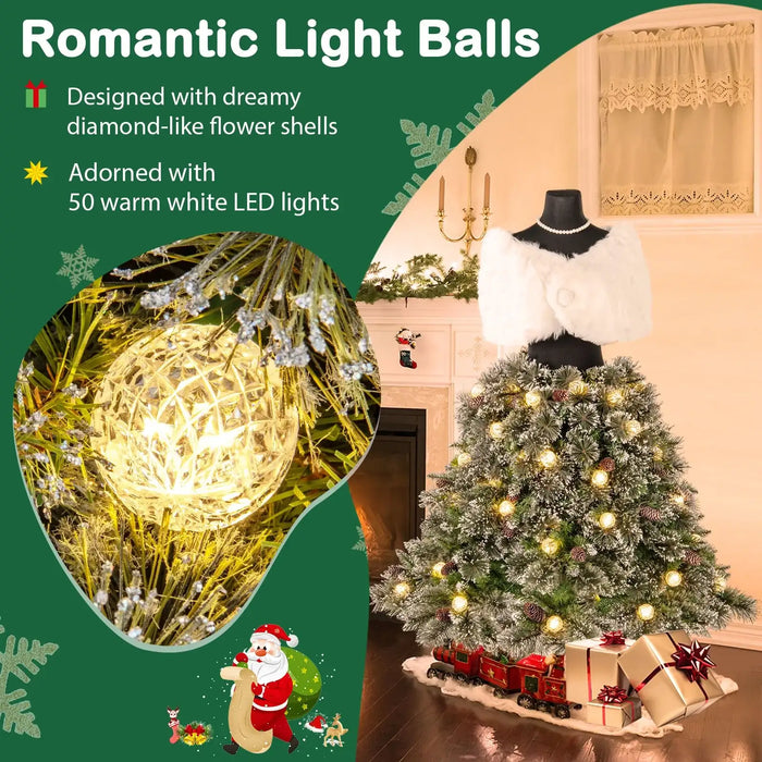 Christmas tree skirt shaped like a decorated tree with warm white LED light balls and fur shawl on mannequin