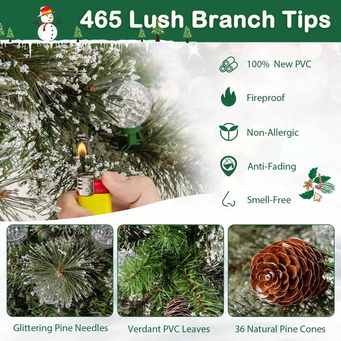 Artificial Christmas tree branch with 465 lush tips, glittering pine needles, verdant PVC leaves, natural pine cones, and fireproof demo