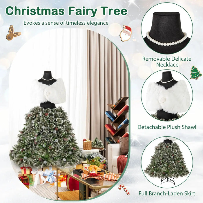 Christmas Fairy Tree styled with a detachable plush shawl and pearl necklace on a black mannequin in a cozy living room