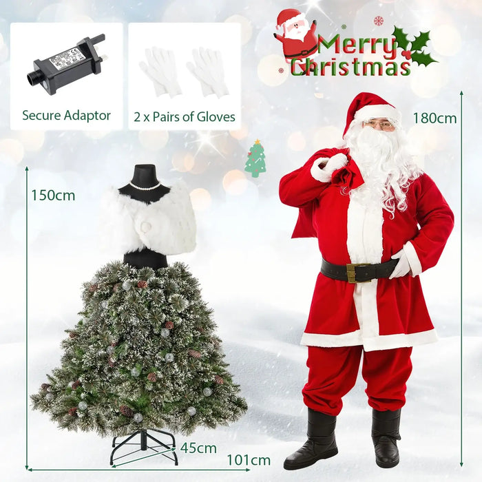 150cm artificial Christmas tree skirt with snowy pine branches and ornaments next to 180cm Santa Claus figure
