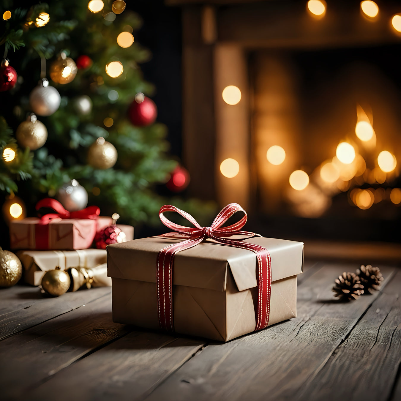 Gift box with a red ribbon in front of a decorated Christmas tree and fireplace.
