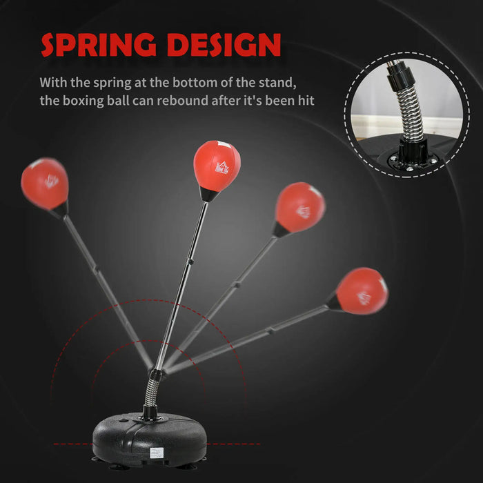 Red boxing reflex ball on spring stand with black base demonstrating rebound motion