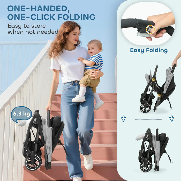 Woman holding a baby with a folded stroller, emphasizing easy folding feature.