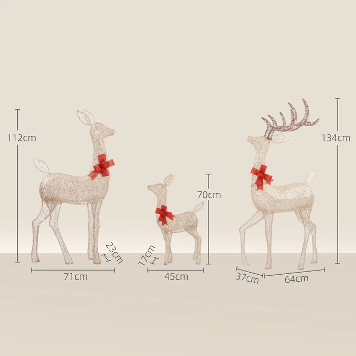 Set of three decorative light-up reindeer with red bows and height measurements on beige background