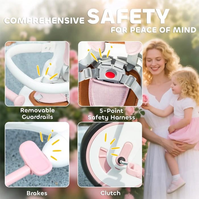 Product features with text 'Comprehensive Safety for Peace of Mind' including removable guardrails, 5-point safety harness, brakes, and clutch.