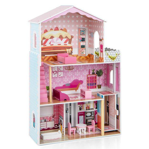 Wooden Dollhouse with Simulated Rooms and Furniture Set - Little and Giant Explorers Costway