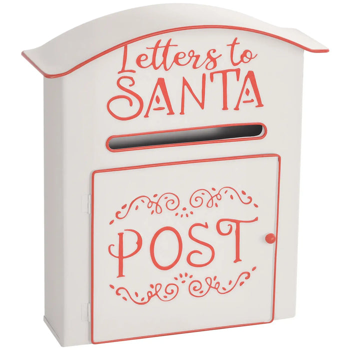 White metal mailbox with red trim labeled Letters to Santa and POST with decorative swirls