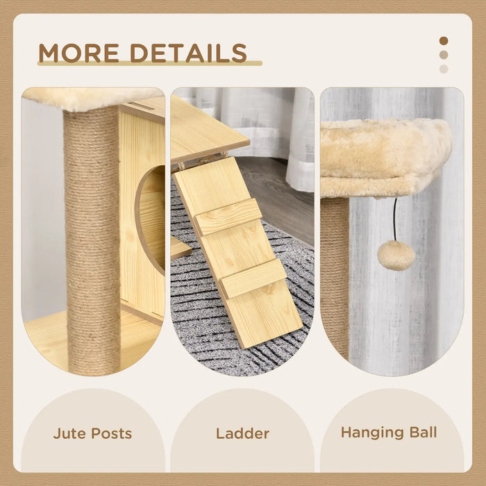 Close-up details of cat tree featuring jute posts, wooden ladder, and plush hanging ball toy