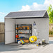 Outdoor metal storage shed with shelves, tools, sports balls, and a ladder on a wooden deck