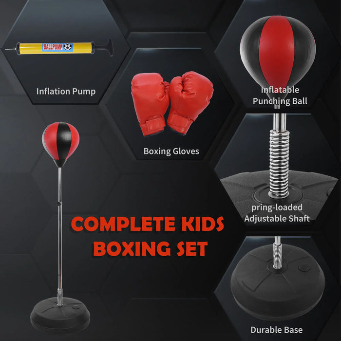 Complete kids boxing set with inflatable punching ball, red boxing gloves, pump, adjustable shaft, and durable base