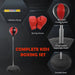 Complete kids boxing set with inflatable punching ball, red boxing gloves, pump, adjustable shaft, and durable base