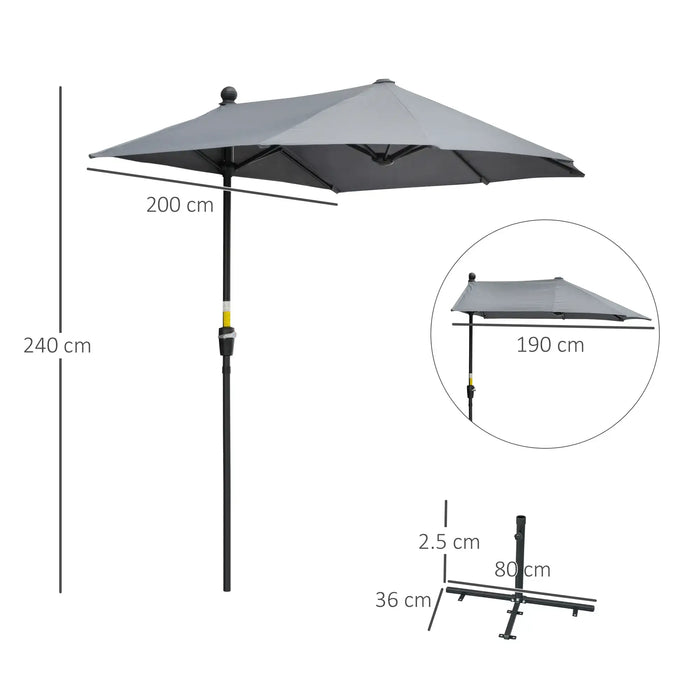Gray outdoor umbrella with measurements on a white background