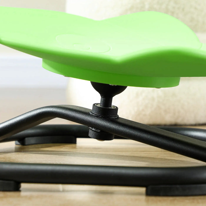 Close-up of a green office chair seat with black metal frame on a blurred background