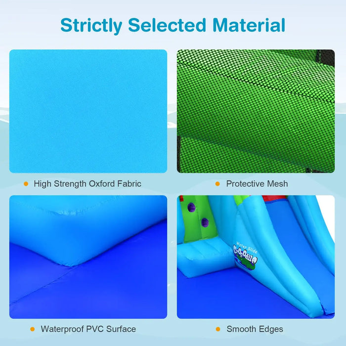 Close-up of inflatable bounce house materials showing blue Oxford fabric, green protective mesh, waterproof PVC surface, and smooth edges
