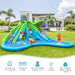 Children playing on a green and blue inflatable crocodile bounce house with water slides in a backyard