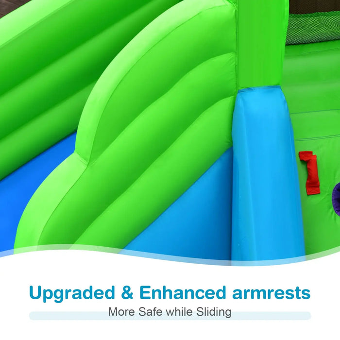 Close-up of bright green and blue inflatable bounce house with upgraded armrests for safety