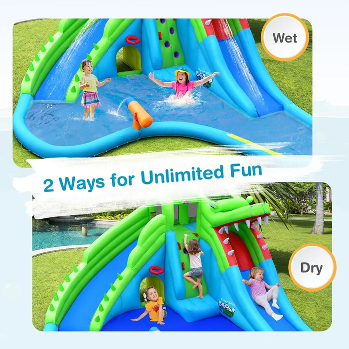 Giant inflatable crocodile bounce house with water slide featuring wet and dry play options and children playing