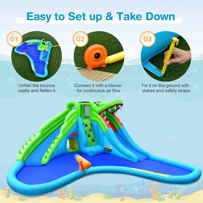 Giant green and blue inflatable crocodile bounce house with slide and water pool setup steps