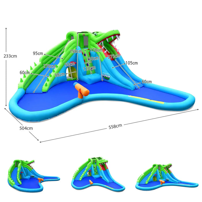 Giant 7-in-1 inflatable bounce house with crocodile-themed slide and splash pool, dimensions shown