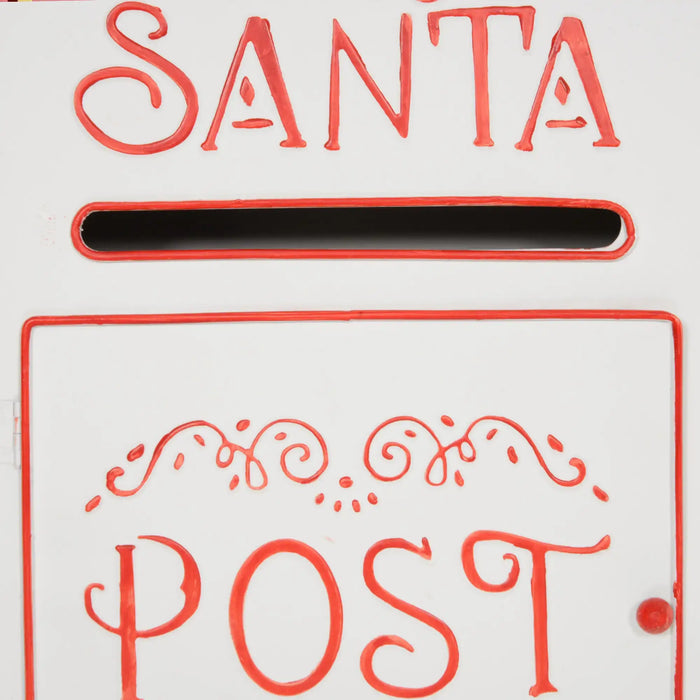 White mail slot with red trim labeled Santa Post for Christmas letters