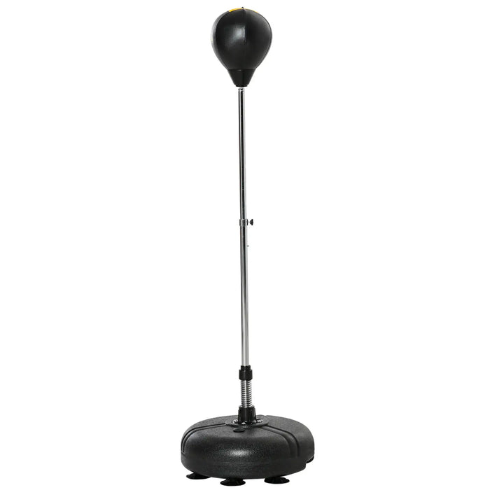 Freestanding black punching bag with adjustable metal pole and weighted base for boxing training