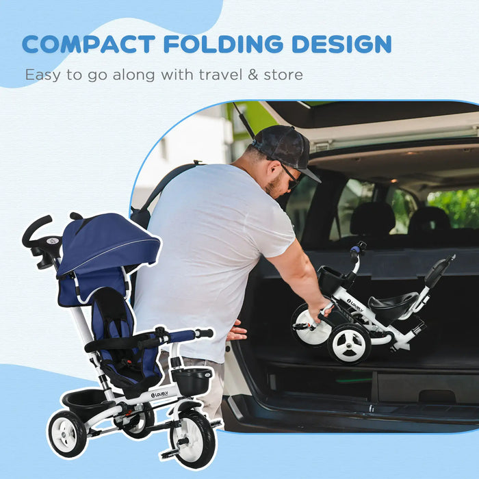 Compact folding tricycle being loaded into a car trunk with text highlighting ease of travel and storage.