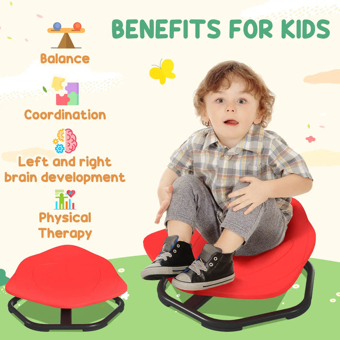 Child sitting on a red balance chair with text listing benefits for kids.