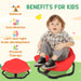 Child sitting on a red balance chair with text listing benefits for kids.