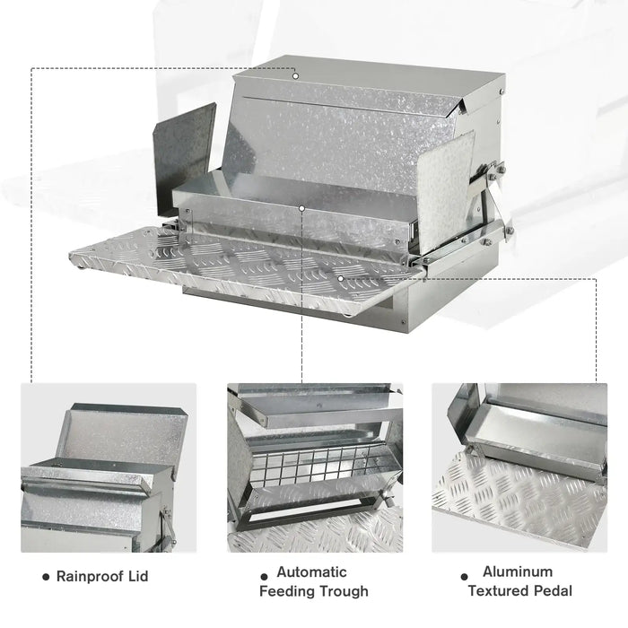Galvanized metal automatic feed dispenser with rainproof lid, feeding trough, and aluminum textured pedal