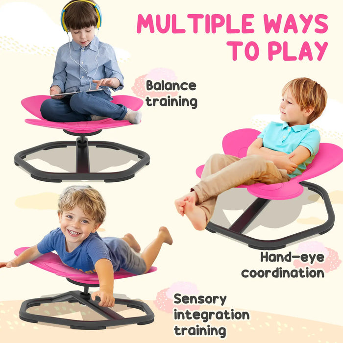 Children using a pink balance chair with text indicating multiple ways to play.