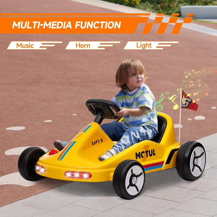 Child sitting in a yellow toy car with multimedia functions on a road.
